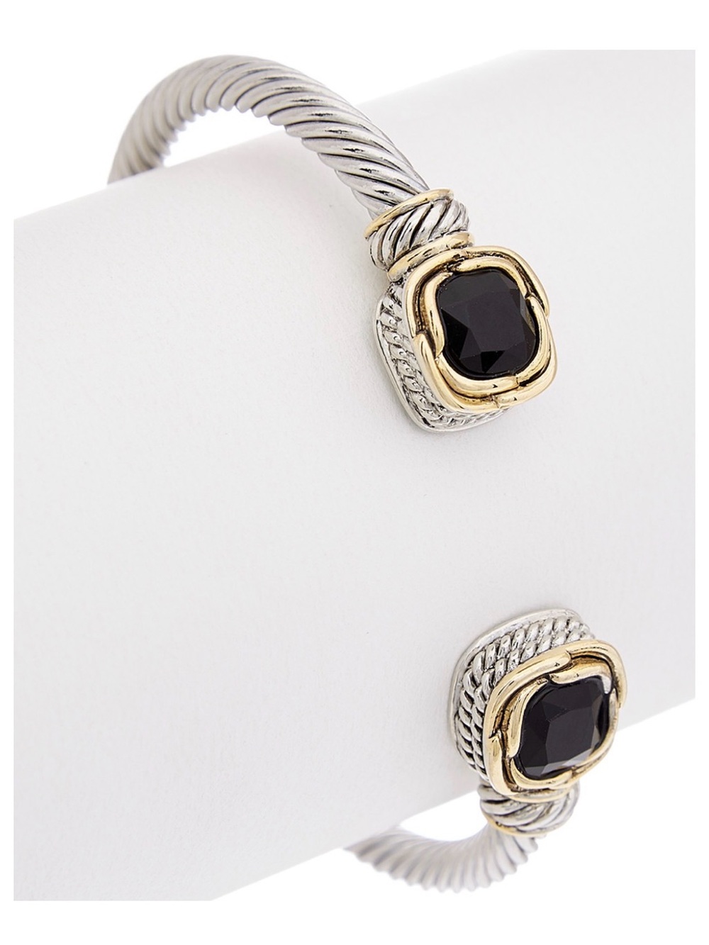 Two-Tone Cable Cuff Bracelet with Black Stone Accents
